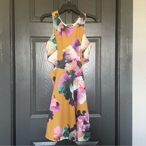 Soprano high neck floral print yellow with cut outs stretchy dress size M medium